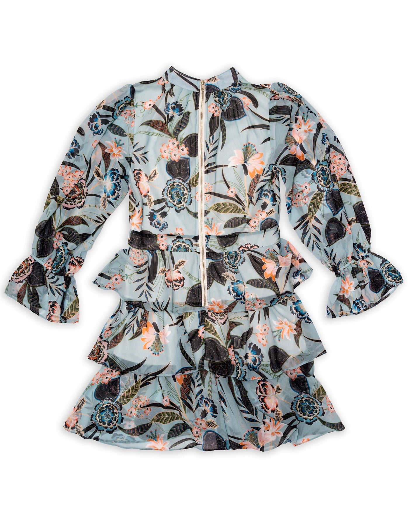 Camellia Print Women's Long Sleeve Chiffon Dress with Shorts