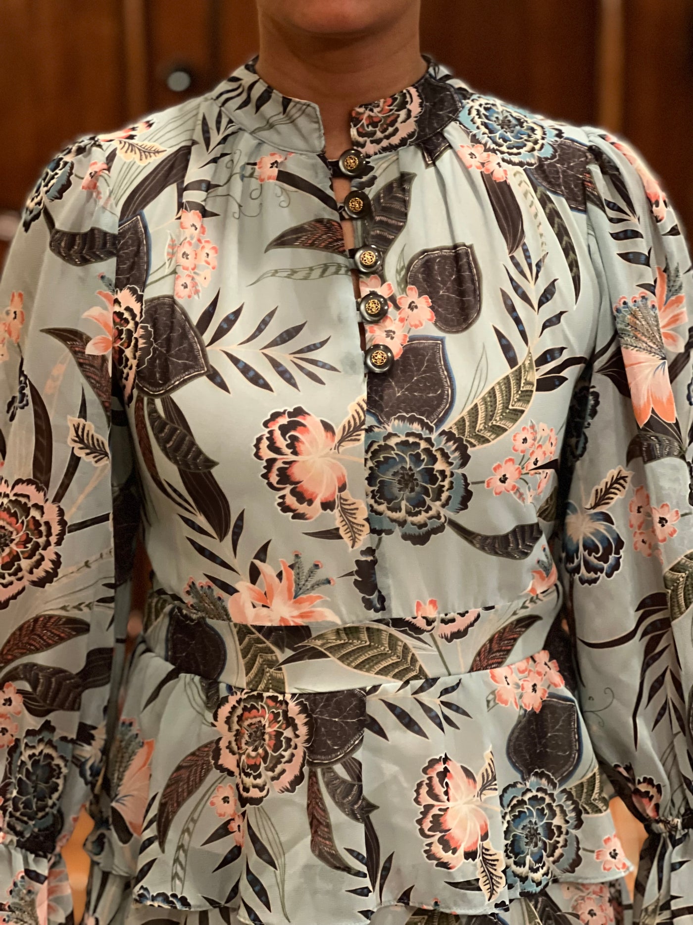Camellia Print Women's Long Sleeve Chiffon Dress with Shorts