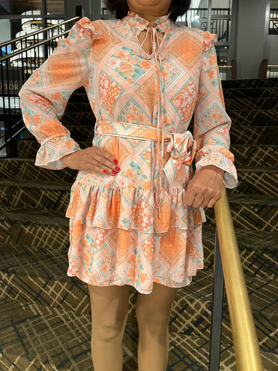 Coraline Long Sleeve Chiffon Ruffle Dress (Women's) with Shorts